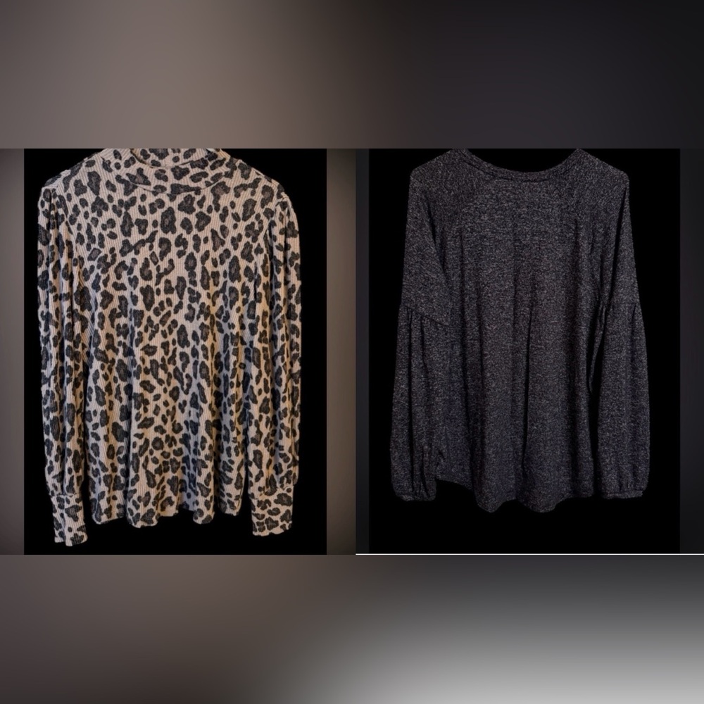 Leopard Print and Dark Gray Long Sleeve Tops